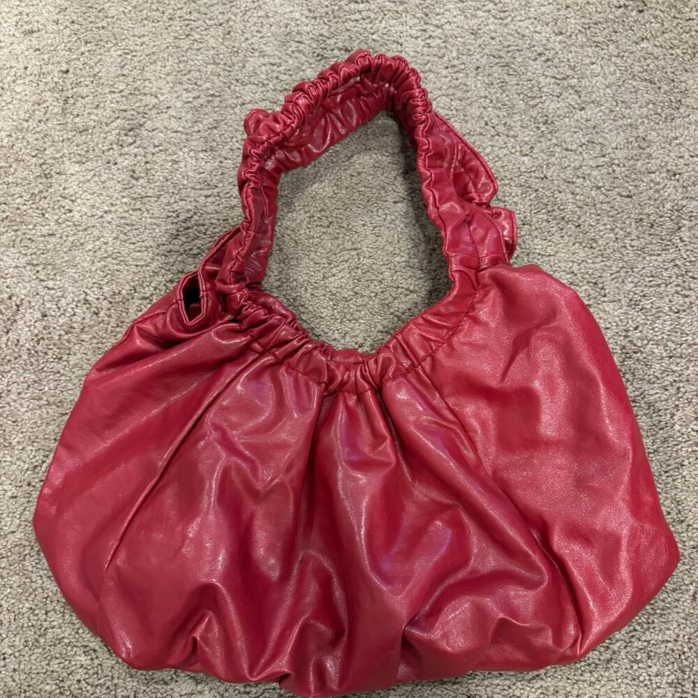 Small Dark Red Ruched Handbag Purse, over the shoulder - Picture 2 of 5